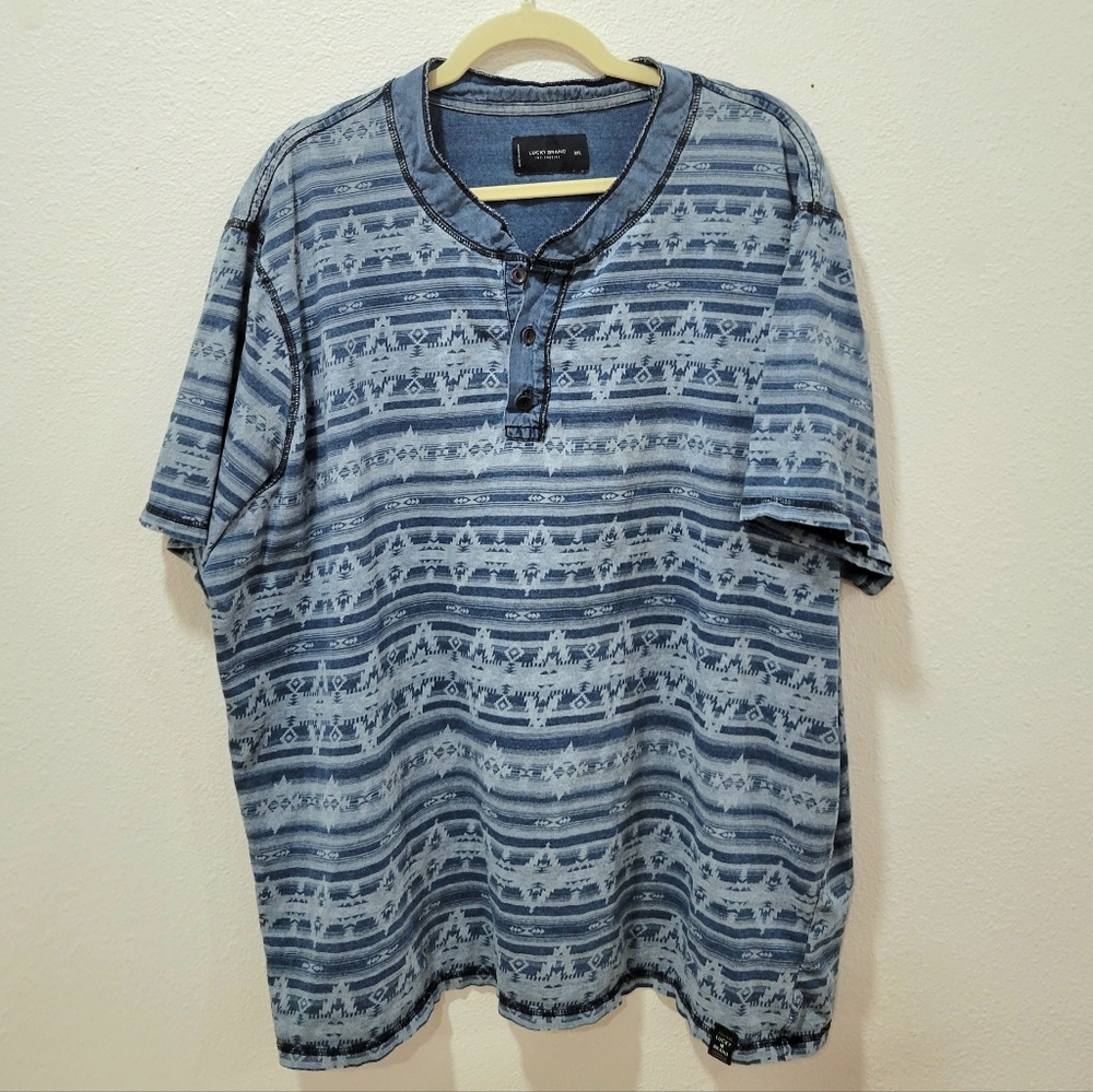 Lucky Brand Blue Geometric Tee‎ 3XL Distressed Hem Men’s